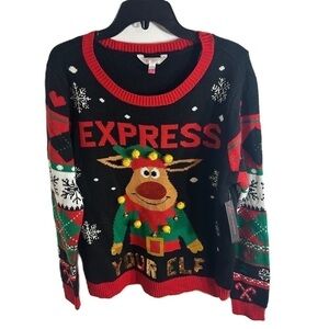 Ugly Christmas Sweater Express Your Elf Rudolph Reindeer NWT XXL Black Red